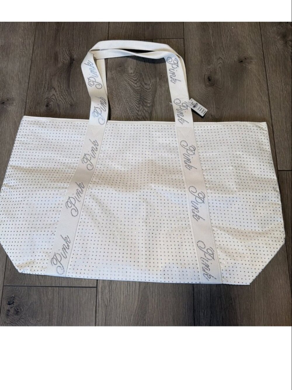 Victoria Secret Pink Large Cream White Rhinestone Tote Bag